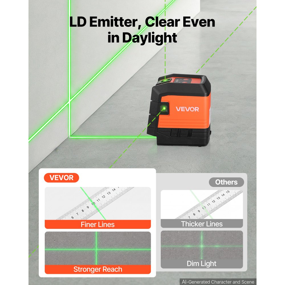 VEVOR Self Leveling Laser Level 30 m, Green Cross Line with 4-Point Laser, for Picture Hanging, Tile, DIY Construction, Manual, Self-Leveling, Pulse Modes, IP54 Water-Resistant, 8H Runtime, Tool Case