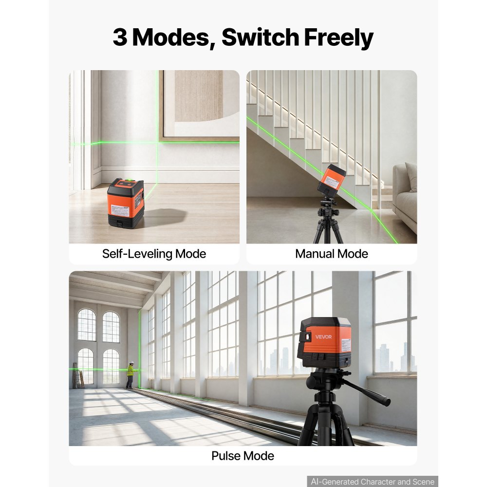 VEVOR Self Leveling Laser Level 30 m, Green Cross Line with 4-Point Laser, for Picture Hanging, Tile, DIY Construction, Manual, Self-Leveling, Pulse Modes, IP54 Water-Resistant, 8H Runtime, Tool Case