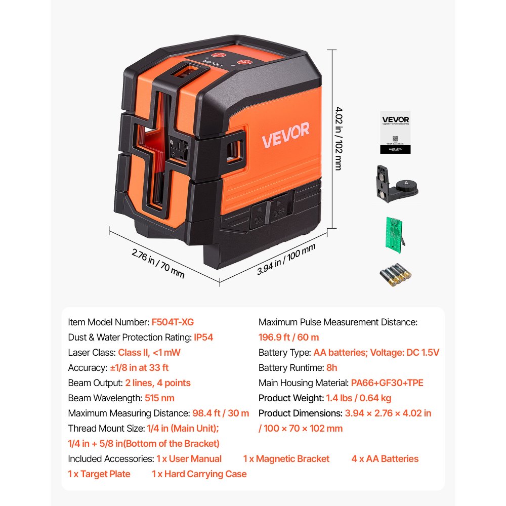 VEVOR Self Leveling Laser Level 30 m, Green Cross Line with 4-Point Laser, for Picture Hanging, Tile, DIY Construction, Manual, Self-Leveling, Pulse Modes, IP54 Water-Resistant, 8H Runtime, Tool Case