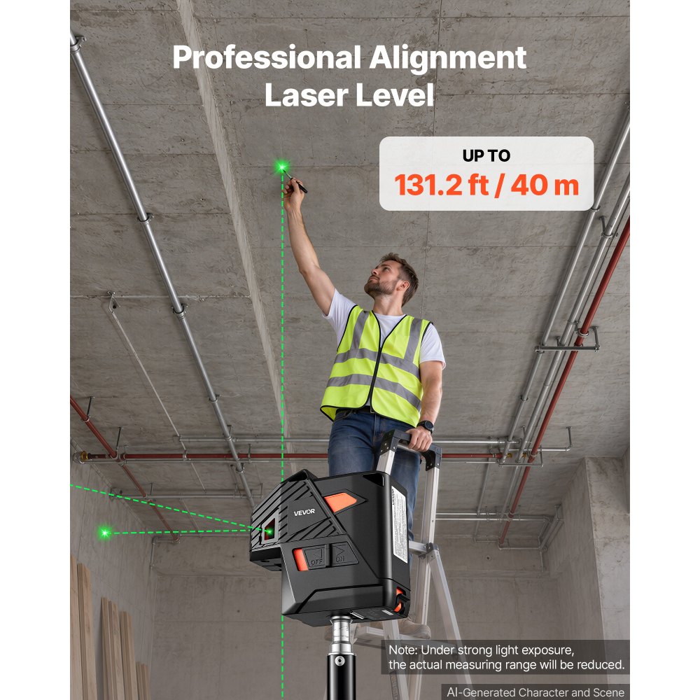 VEVOR Self Leveling Laser Level 40 m Green 5-Point Laser Level Layout Tool, for Picture Hanging, Tile & DIY Constructions, Manual & Self-Leveling Modes, IP54 Water-Resistant, 5H Runtime, Hard Case