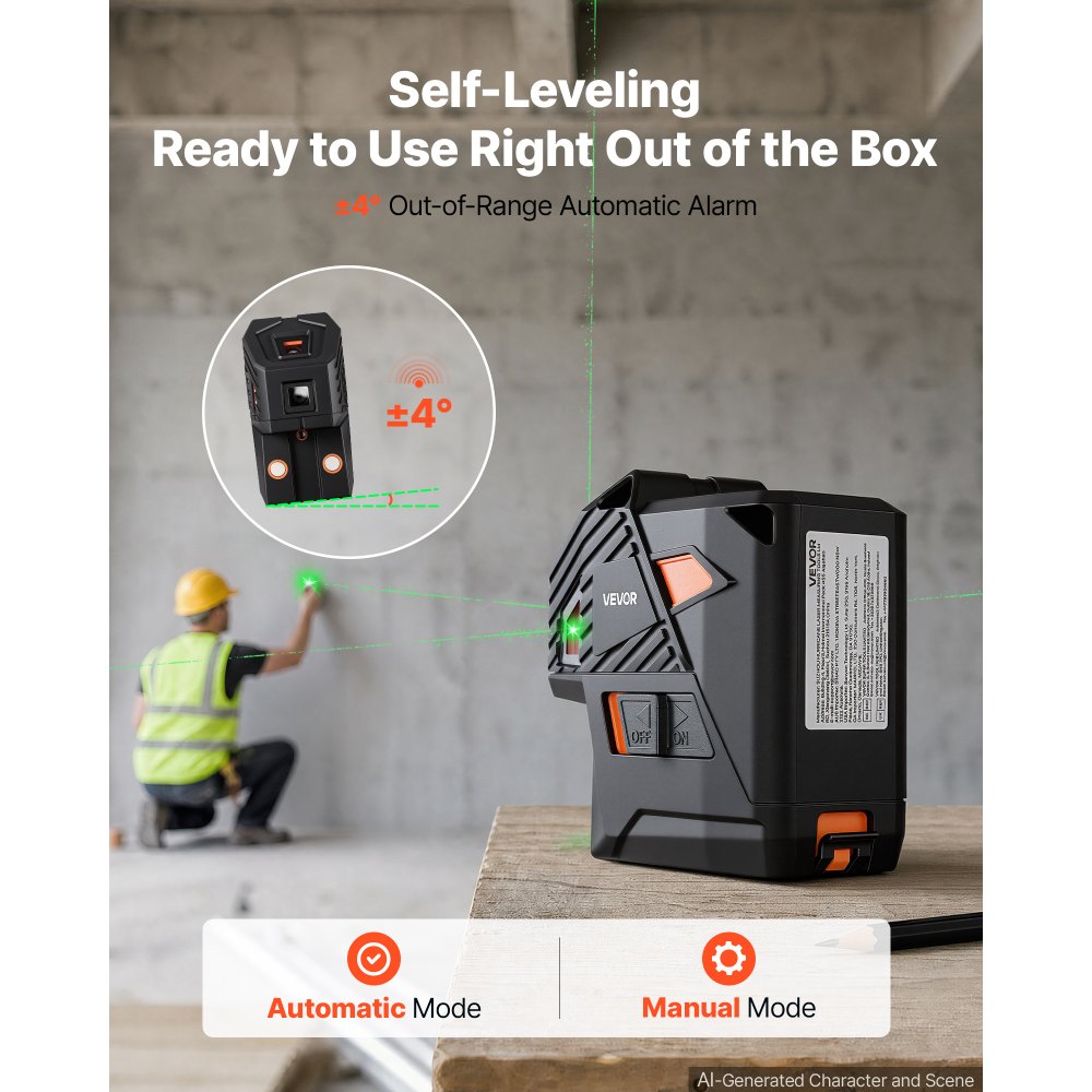 VEVOR Self Leveling Laser Level 40 m Green 5-Point Laser Level Layout Tool, for Picture Hanging, Tile & DIY Constructions, Manual & Self-Leveling Modes, IP54 Water-Resistant, 5H Runtime, Hard Case
