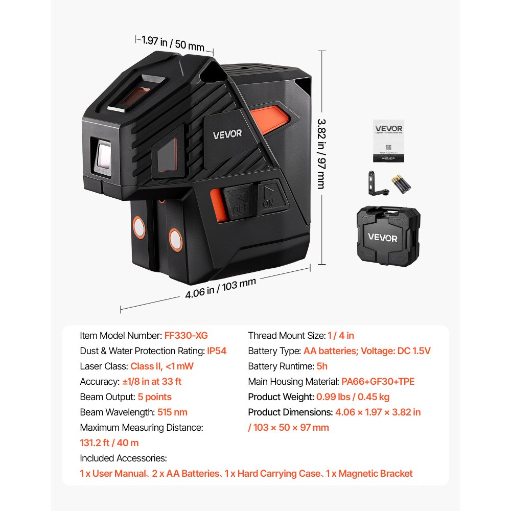 VEVOR Self Leveling Laser Level 40 m Green 5-Point Laser Level Layout Tool, for Picture Hanging, Tile & DIY Constructions, Manual & Self-Leveling Modes, IP54 Water-Resistant, 5H Runtime, Hard Case