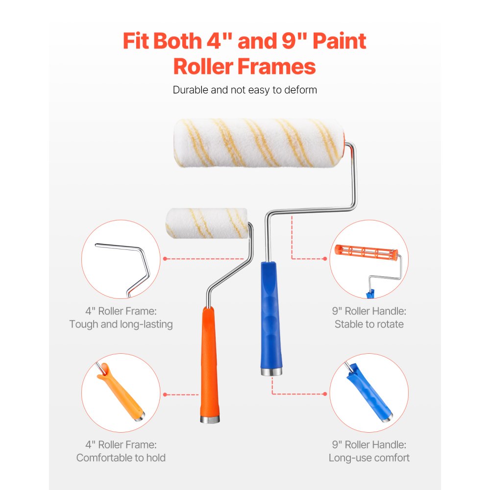 VEVOR Paint Roller Kit, 19 Piece Paint Roller Set, 4" and 9" Paint Rollers with 3/8" Naps, Paint Roller Frames, Paint Tray, Roller Covers, Paint Kit for Painting Walls, Professional or Home Owners