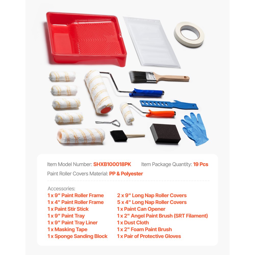 VEVOR Paint Roller Kit, 19 Piece Paint Roller Set, 4" and 9" Paint Rollers with 3/8" Naps, Paint Roller Frames, Paint Tray, Roller Covers, Paint Kit for Painting Walls, Professional or Home Owners
