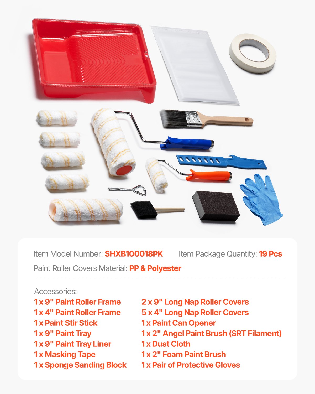 VEVOR Paint Roller Kit, 19 Piece Paint Roller Set, 4" and 9" Paint Rollers with 3/8" Naps, Paint Roller Frames, Paint Tray, Roller Covers, Paint Kit for Painting Walls, Professional or Home Owners