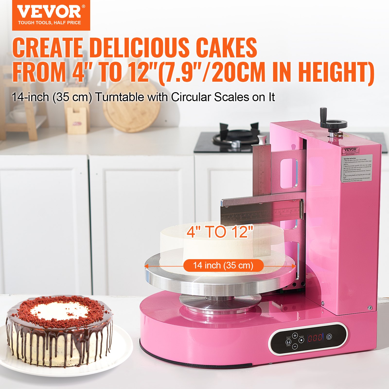 VEVOR Cake Decorating Machine, Cake Cream Spreading Coating Smearing Machine, Low Noise Cake Frosting Machine, Turntable with Adjustable Scraper, for 4" to 12" Cake, 25-320RPM Rotating Speed, Pink