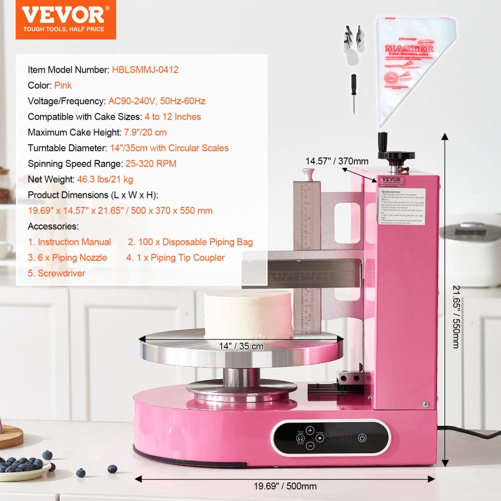 VEVOR Cake Decorating Machine, Cake Cream Spreading Coating Smearing Machine, Low Noise Cake Frosting Machine, Turntable with Adjustable Scraper, for 4" to 12" Cake, 25-320RPM Rotating Speed, Pink