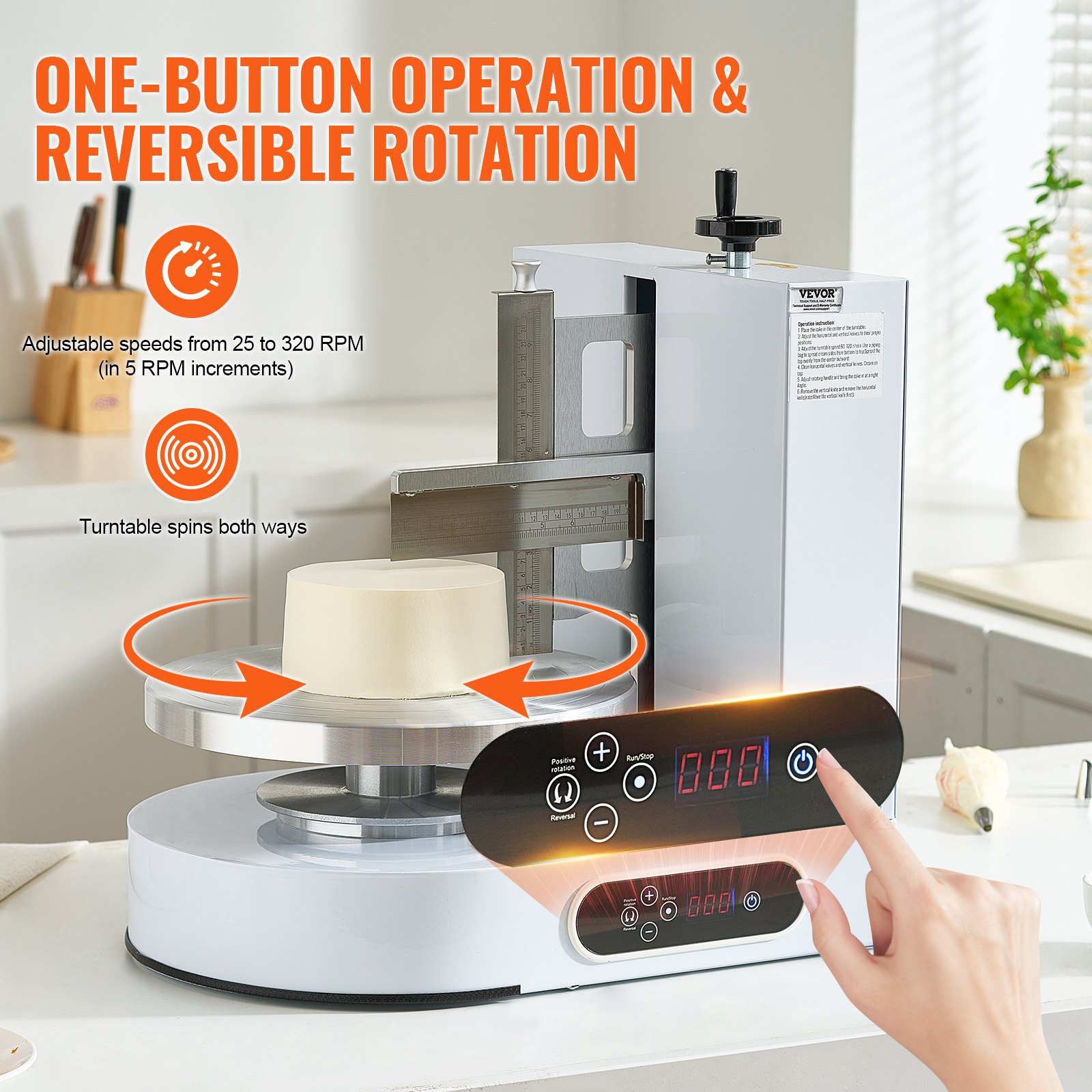VEVOR Cake Decorating Machine, Cake Cream Spreading Coating Smearing Machine, Low Noise Cake Frosting Machine, Turntable with Adjustable Scraper, for 4" to 12" Cake, 25-320RPM Rotating Speed, White