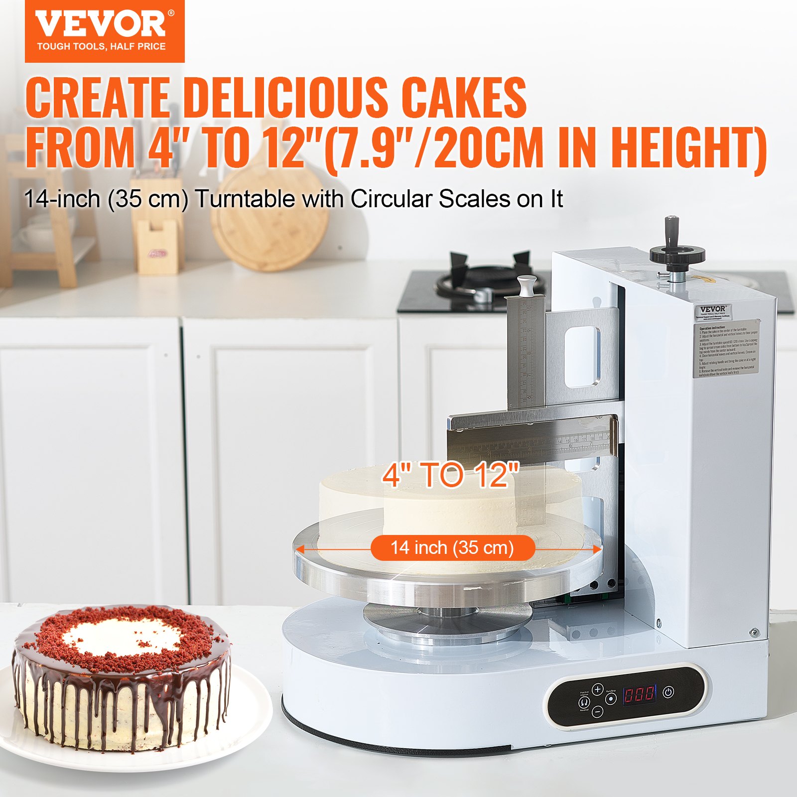 VEVOR Cake Decorating Machine, Cake Cream Spreading Coating Smearing Machine, Low Noise Cake Frosting Machine, Turntable with Adjustable Scraper, for 4" to 12" Cake, 25-320RPM Rotating Speed, White