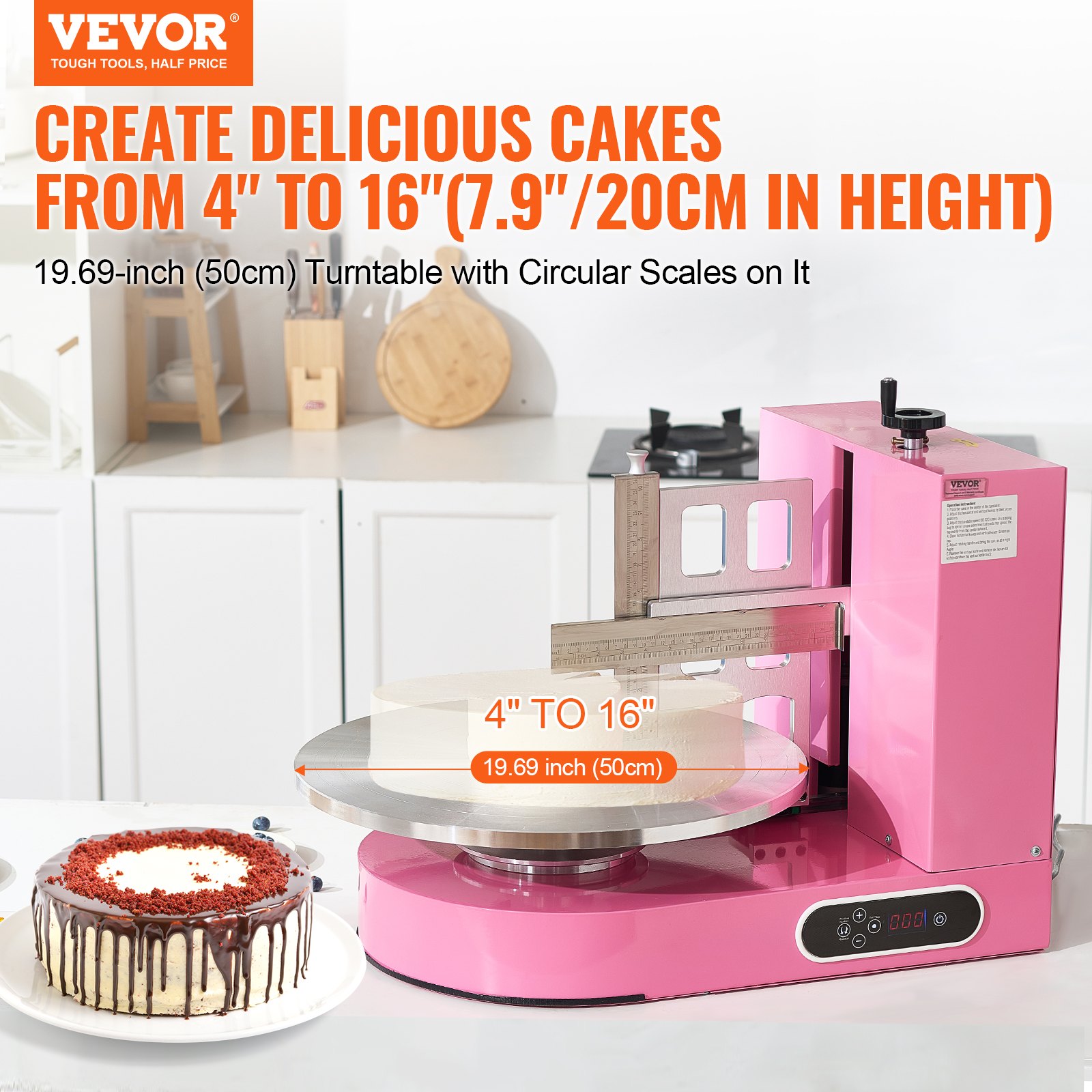 VEVOR Cake Decorating Machine, Cake Cream Spreading Coating Smearing Machine, Low Noise Cake Frosting Machine, Turntable with Adjustable Scraper, for 4" to 16" Cake, 25-320RPM Rotating Speed, Pink