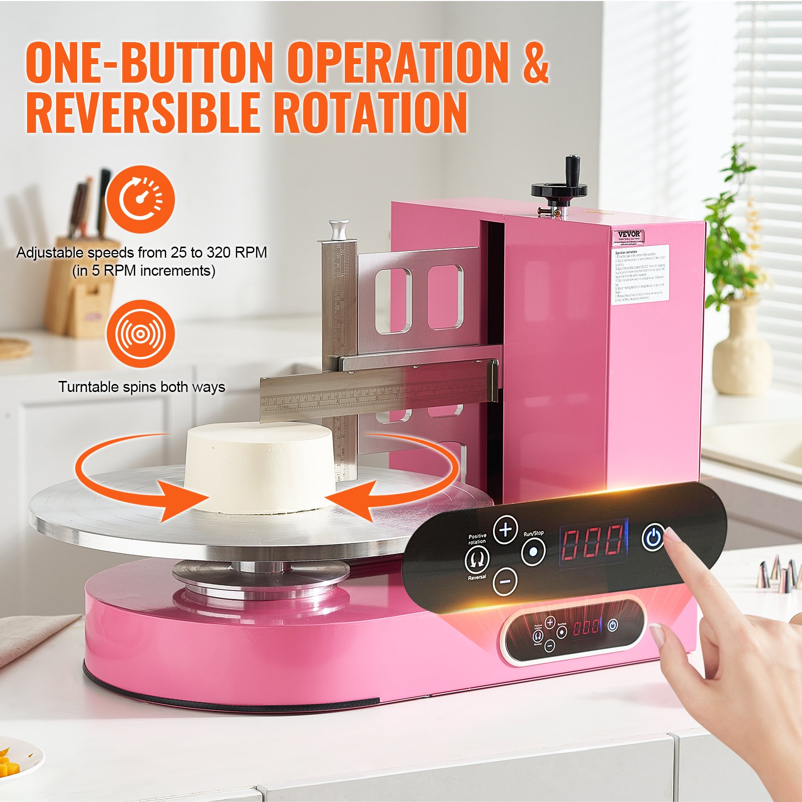 VEVOR Cake Decorating Machine, Cake Cream Spreading Coating Smearing Machine, Low Noise Cake Frosting Machine, Turntable with Adjustable Scraper, for 4" to 16" Cake, 25-320RPM Rotating Speed, Pink