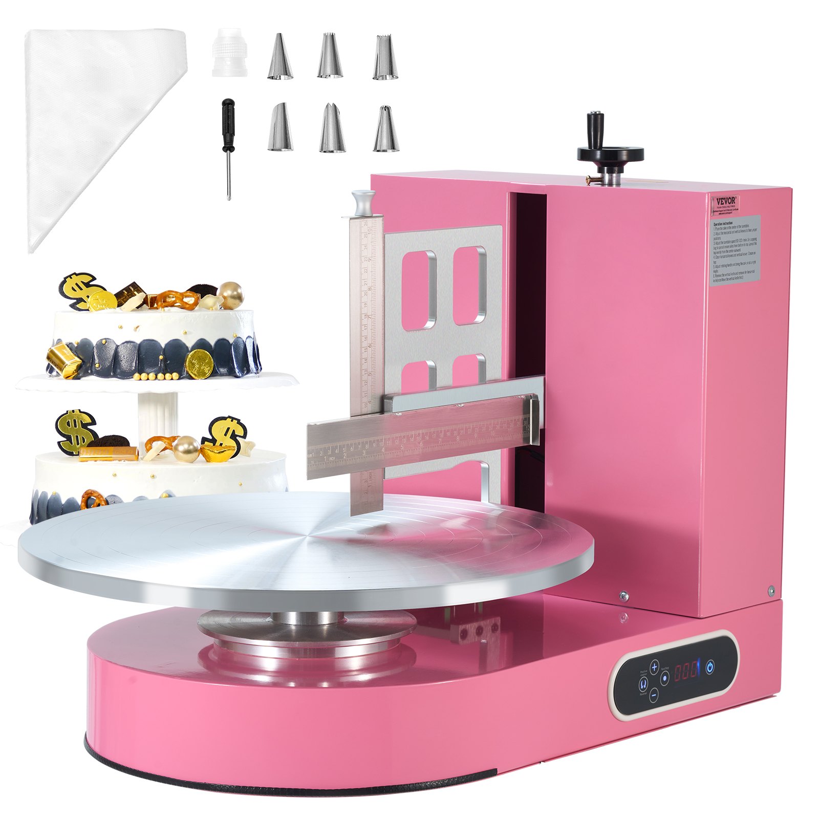 VEVOR Cake Decorating Machine, Cake Cream Spreading Coating Smearing Machine, Low Noise Cake Frosting Machine, Turntable with Adjustable Scraper, for 4" to 16" Cake, 25-320RPM Rotating Speed, Pink