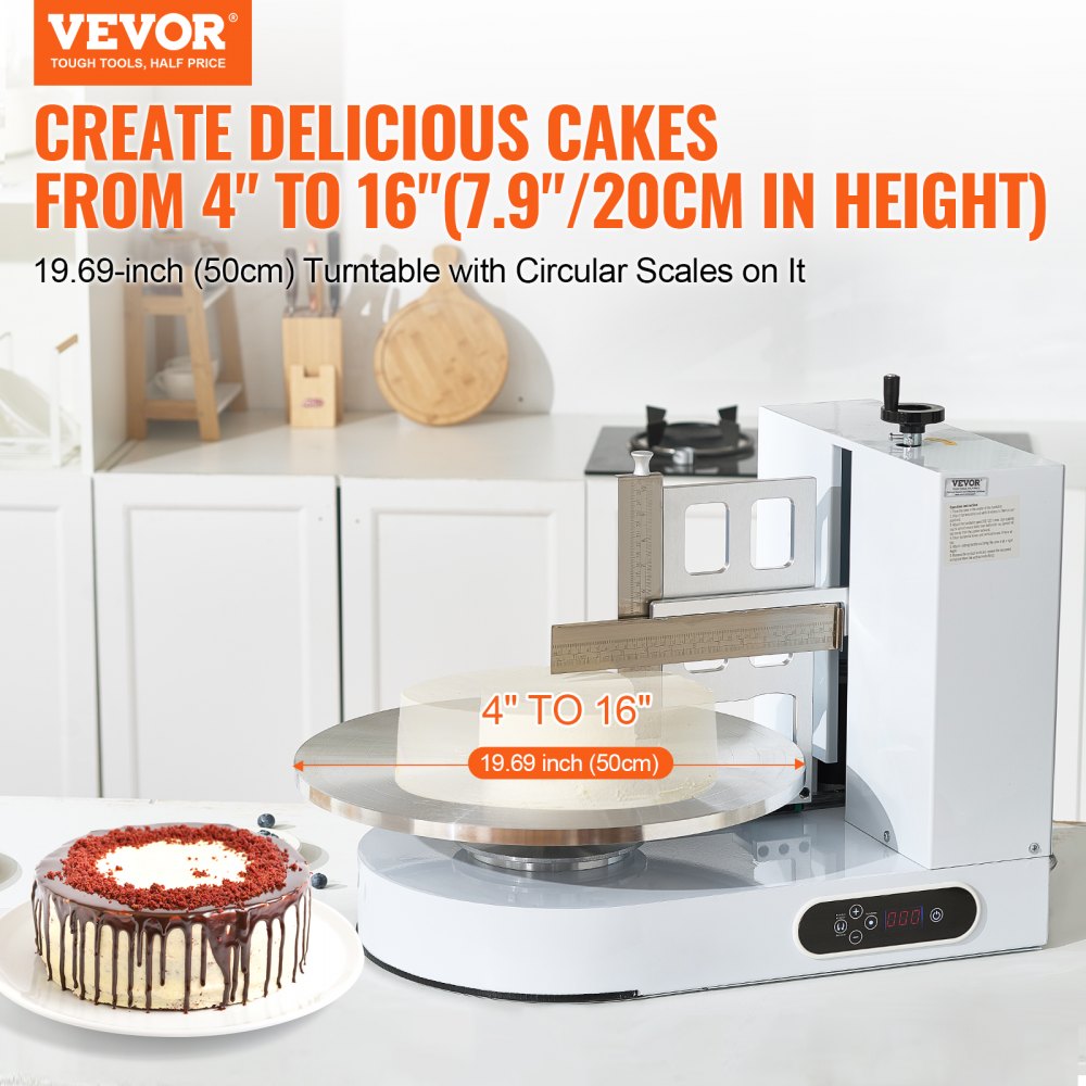 VEVOR Cake Decorating Machine, Cake Cream Spreading Coating Smearing Machine, Low Noise Cake Frosting Machine, Turntable with Adjustable Scraper, for 4" to 16" Cake, 25-320RPM Rotating Speed, White
