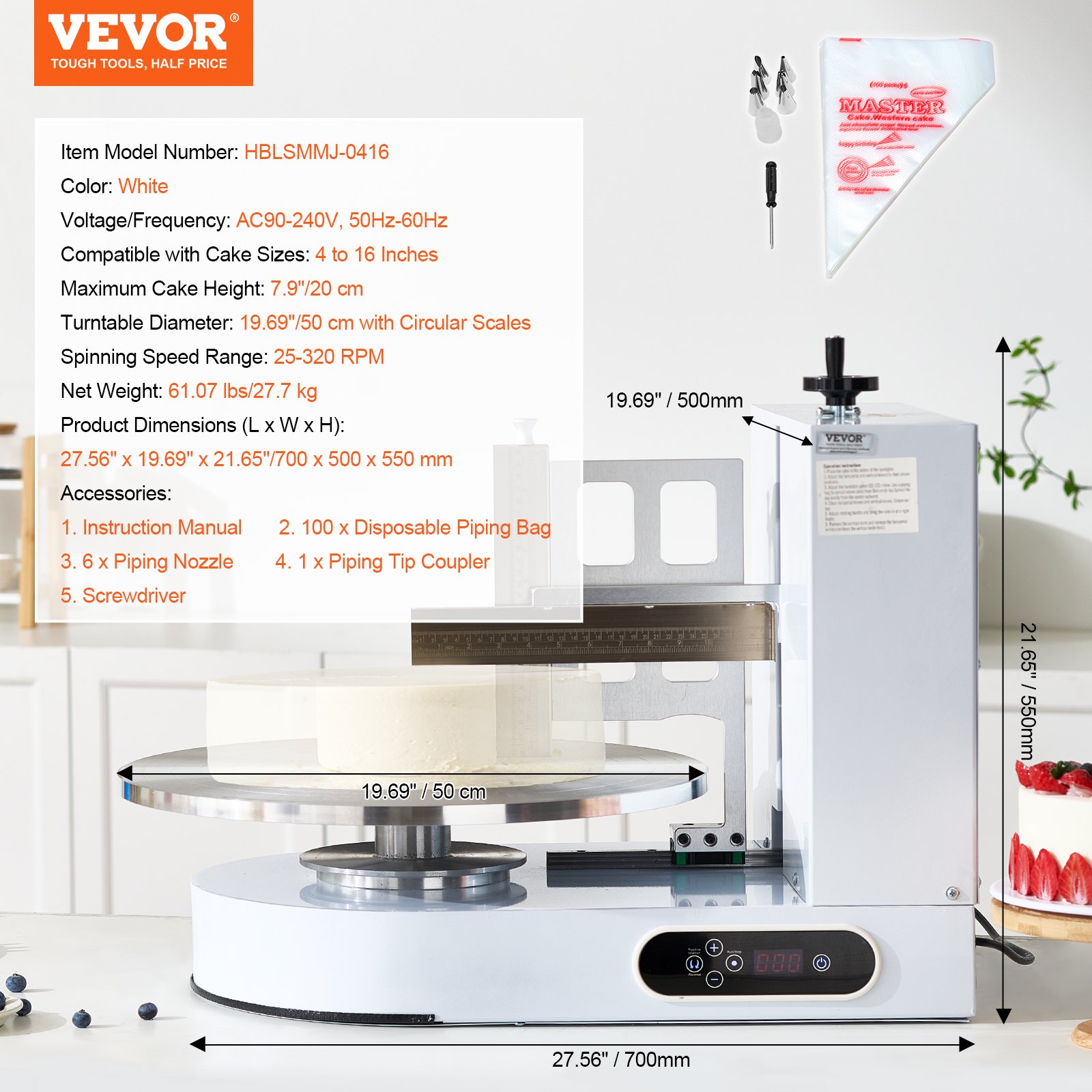 VEVOR Cake Decorating Machine, Cake Cream Spreading Coating Smearing Machine, Low Noise Cake Frosting Machine, Turntable with Adjustable Scraper, for 4" to 16" Cake, 25-320RPM Rotating Speed, White