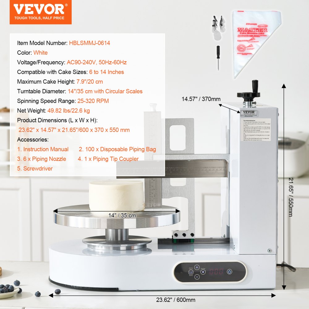 VEVOR Cake Decorating Machine, Cake Cream Spreading Coating Smearing Machine, Low Noise Cake Frosting Machine, Turntable with Adjustable Scraper, for 6" to 14" Cake, 25-320RPM Rotating Speed, White