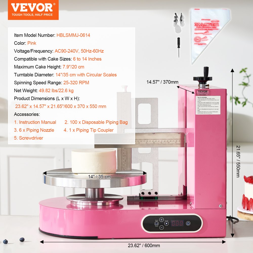 VEVOR Cake Decorating Machine, Cake Cream Spreading Coating Smearing Machine, Low Noise Cake Frosting Machine, Turntable with Adjustable Scraper, for 6" to 14" Cake, 25-320RPM Rotating Speed, Pink