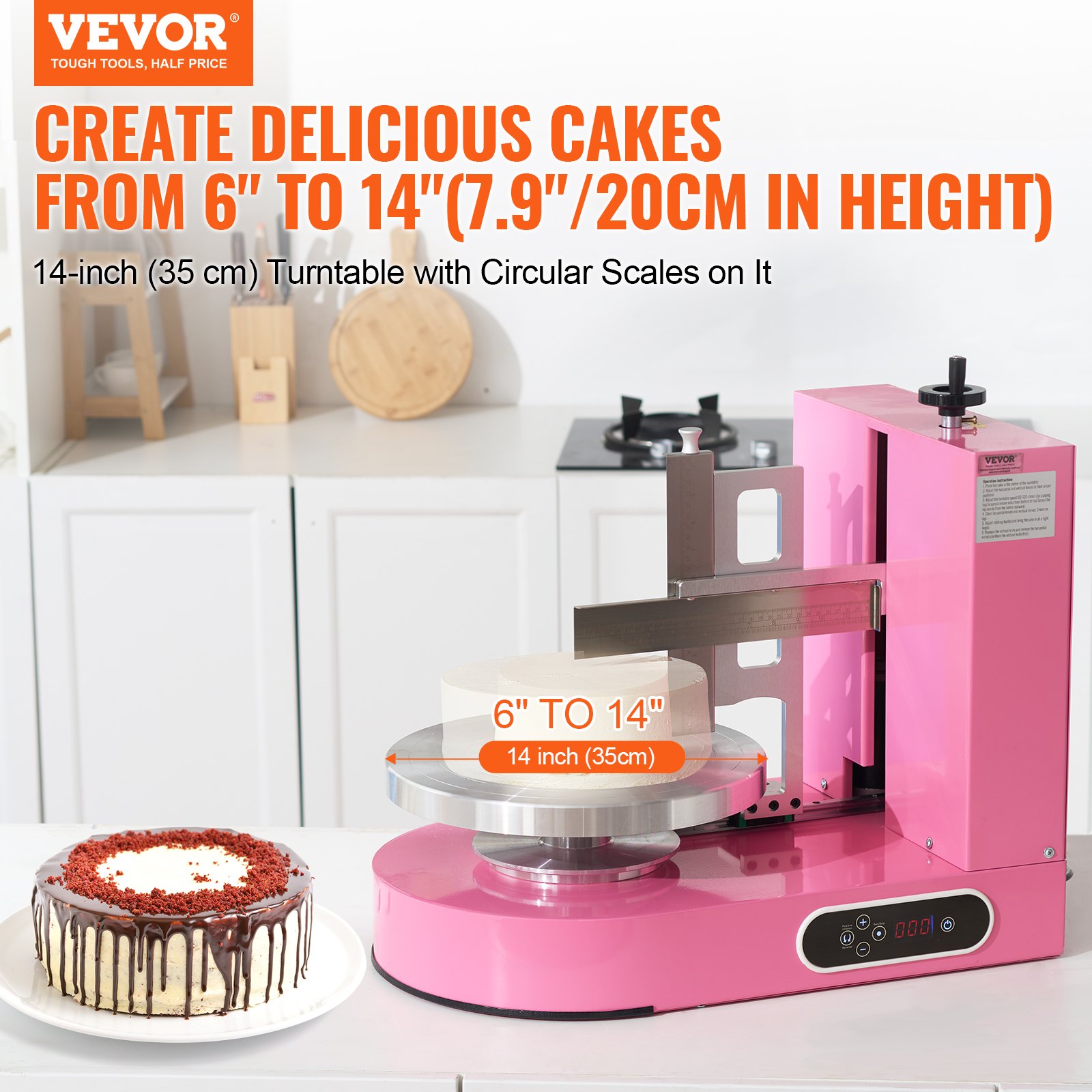 VEVOR Cake Decorating Machine, Cake Cream Spreading Coating Smearing Machine, Low Noise Cake Frosting Machine, Turntable with Adjustable Scraper, for 6" to 14" Cake, 25-320RPM Rotating Speed, Pink