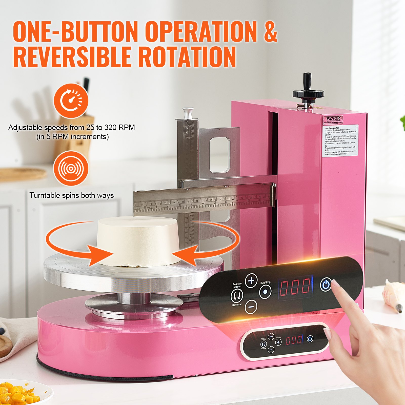 VEVOR Cake Decorating Machine, Cake Cream Spreading Coating Smearing Machine, Low Noise Cake Frosting Machine, Turntable with Adjustable Scraper, for 6" to 14" Cake, 25-320RPM Rotating Speed, Pink