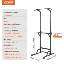 VEVOR Power Tower Dip Station, 10-Level Height Adjustable Pull Up Bar Stand, Multi-Function Strength Training Workout Equipment with 4 Suction Foot Covers, Home Gym Fitness Dip Bar Station, 330LBS