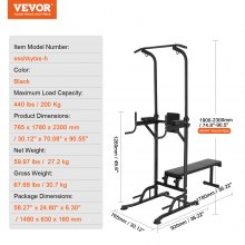 VEVOR Power Tower with Bench, 10-Level Height Adjustable Pull Up Bar Stand Dip Station & Detachable Bench, Multi-Function Home Gym Strength Training Fitness Equipment with Backrest, Elbow Pads, 440LBS