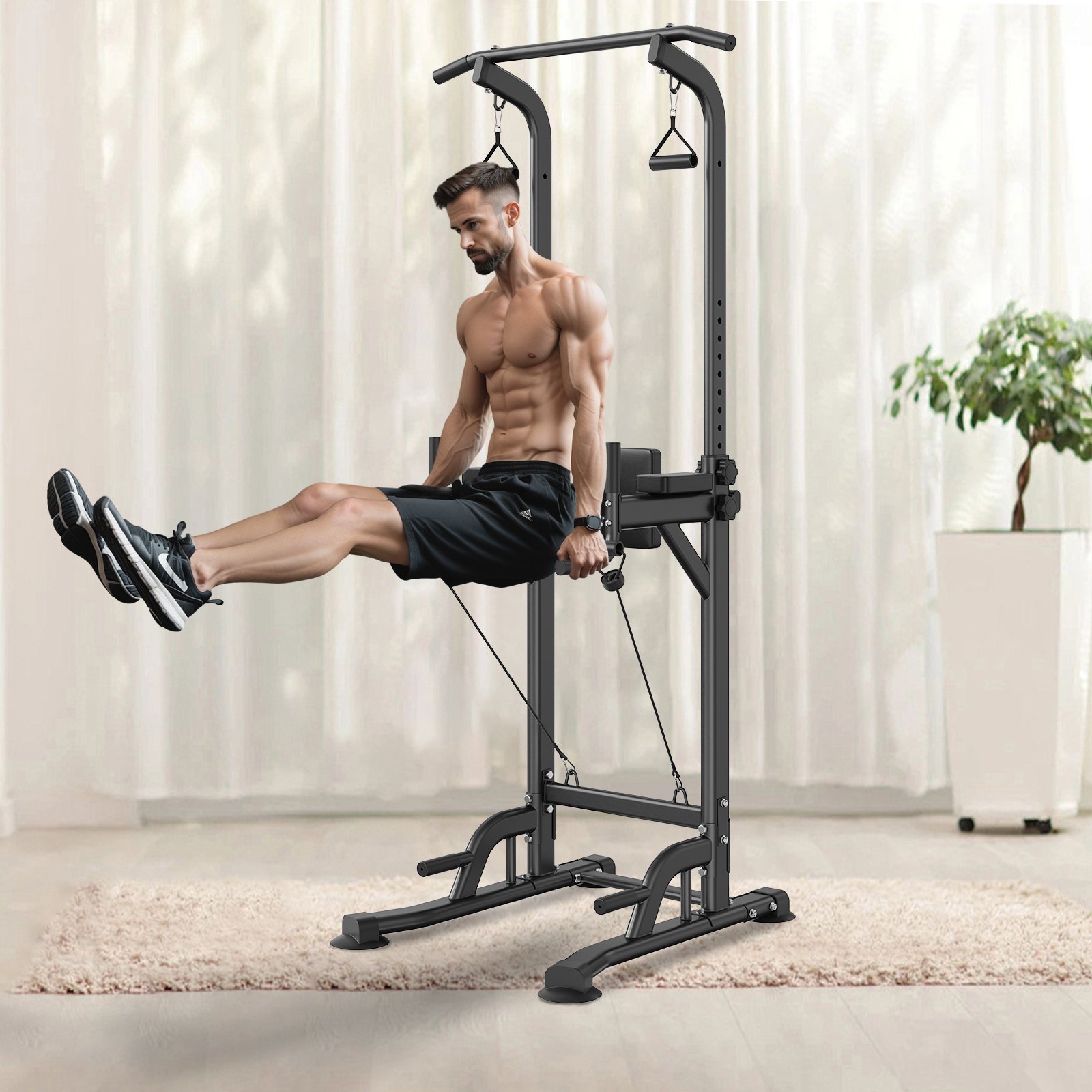 VEVOR Power Tower Dip Station, 10-Level Height Adjustable Pull Up Bar Stand, Multi-Function Home Gym Strength Training Fitness Workout Equipment with 7-Level Adjustable Backrest, PU Elbow Pads, 440LBS