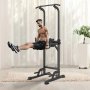 muscular man working out on VEVOR power tower in bright home gym with plant and white curtains in background.