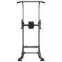 VEVOR power tower in black for home gym workouts, featuring a sturdy pull-up bar and cushioned backrest.
