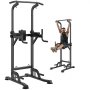 VEVOR power tower with adjustable height and padded armrests, demonstrated by a person performing pull-ups.