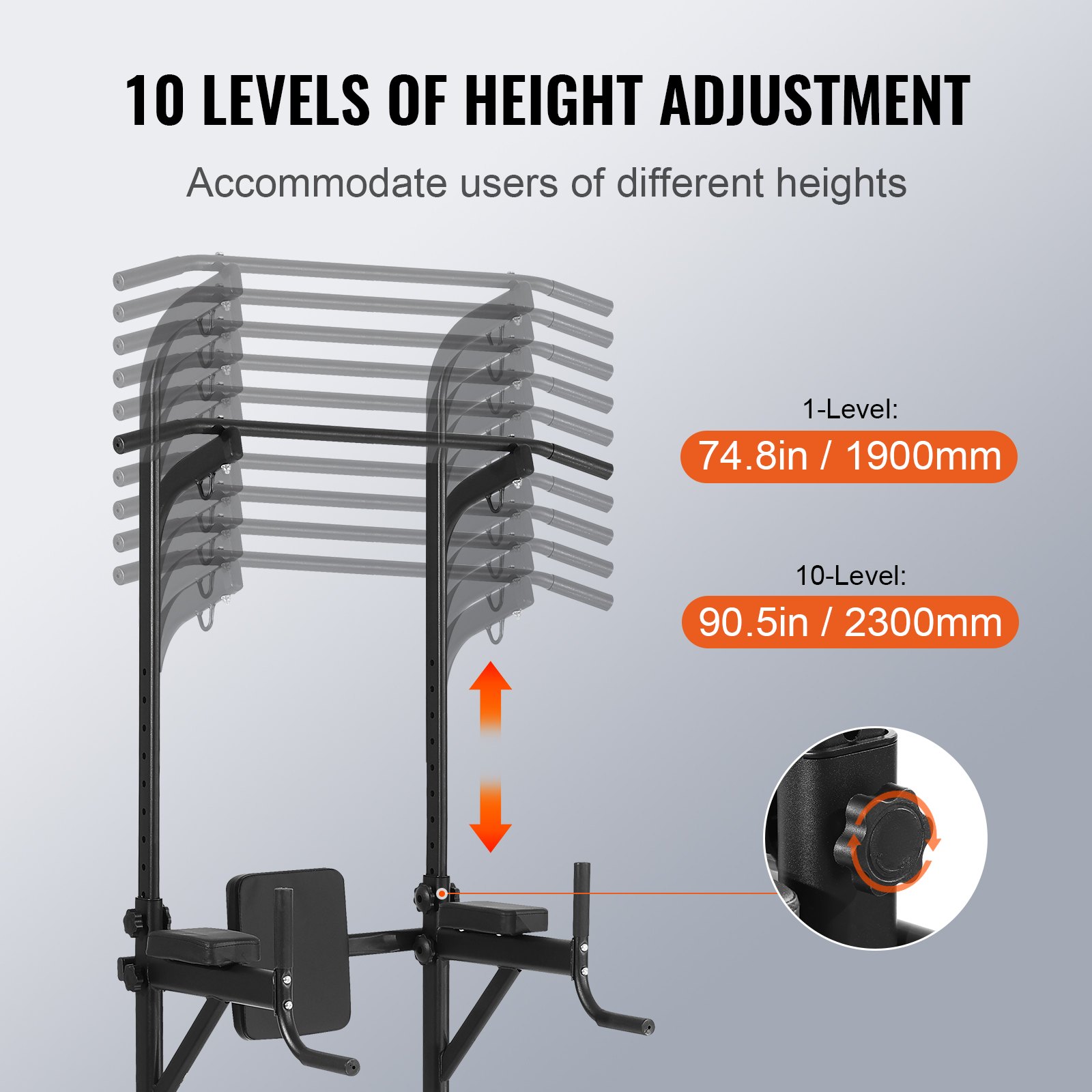 VEVOR power tower with 10 levels of height adjustment from 74.8in to 90.5in, suitable for all users.