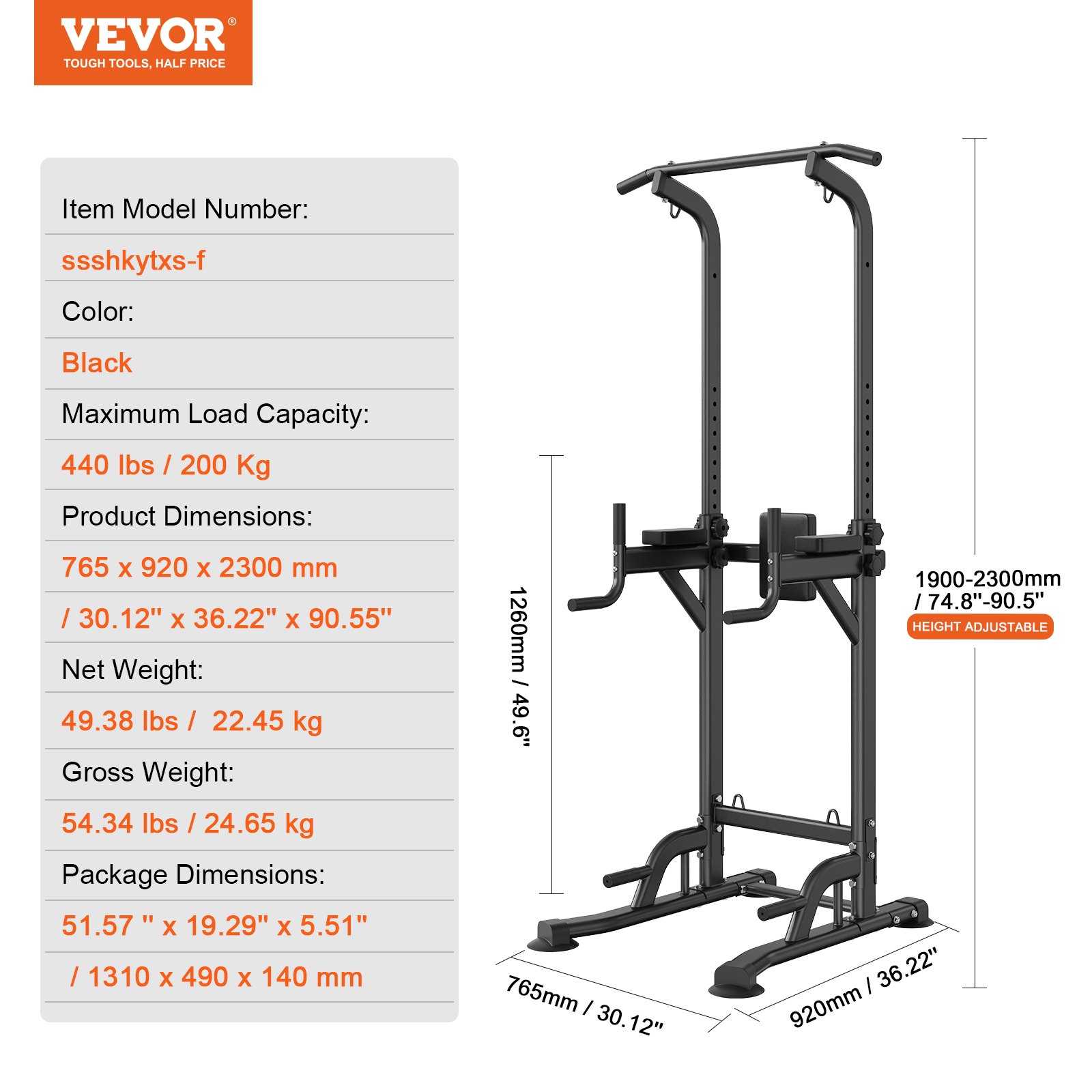 VEVOR power tower with adjustable height, black, 440 lbs capacity, dimensions 30.12&quot; x 36.22&quot; x 90.55&quot;.