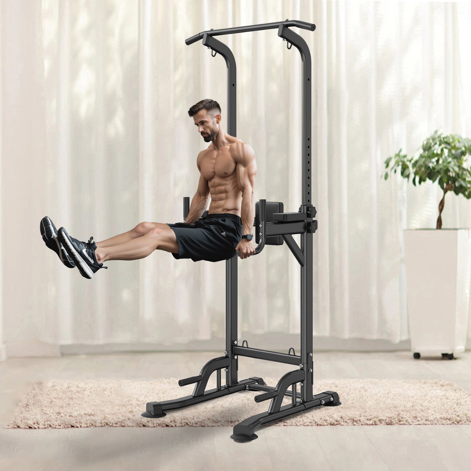 muscular man working out on VEVOR power tower in bright home gym with plant and white curtains in background.