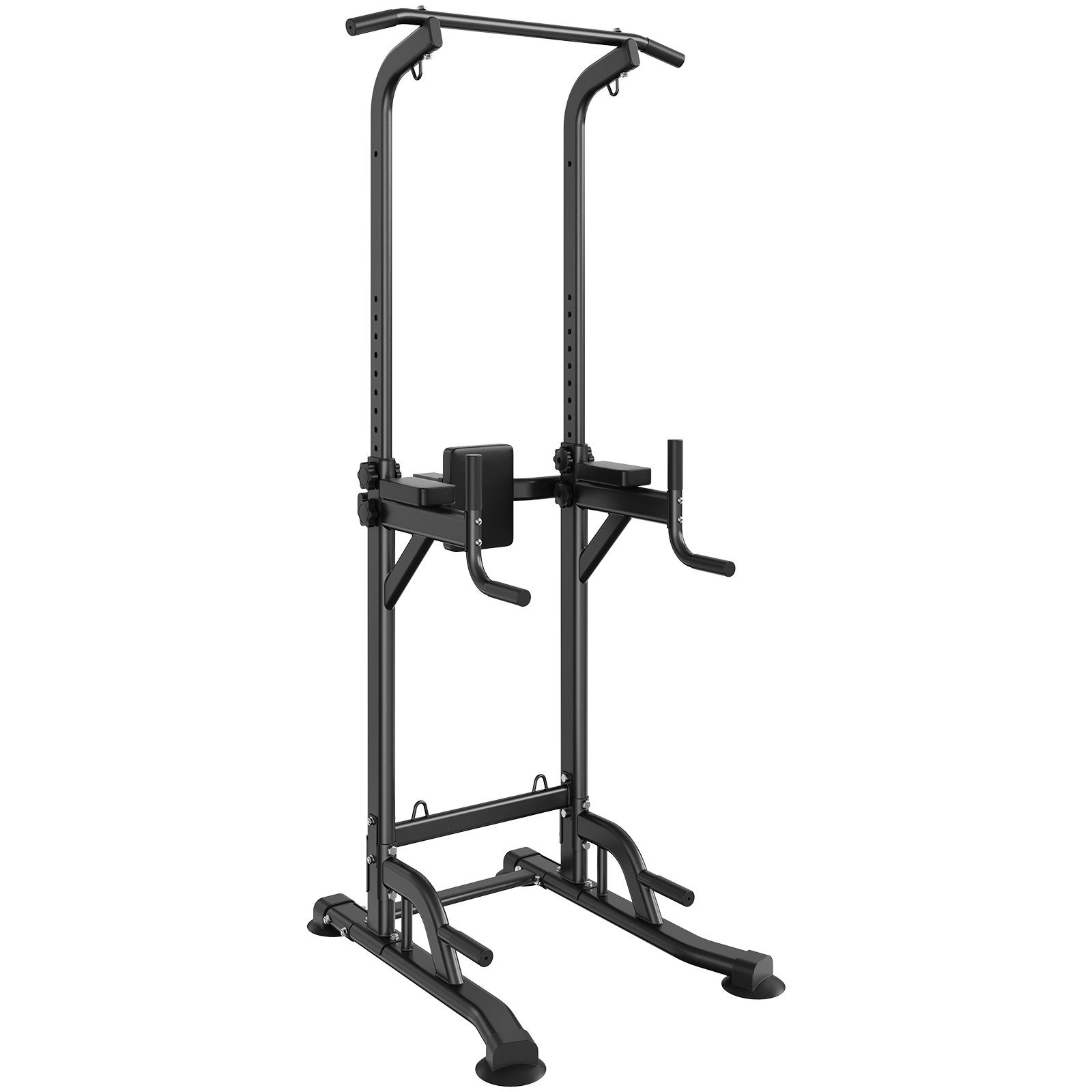 VEVOR power tower black fitness equipment with pull-up bar and dip handles on white background.