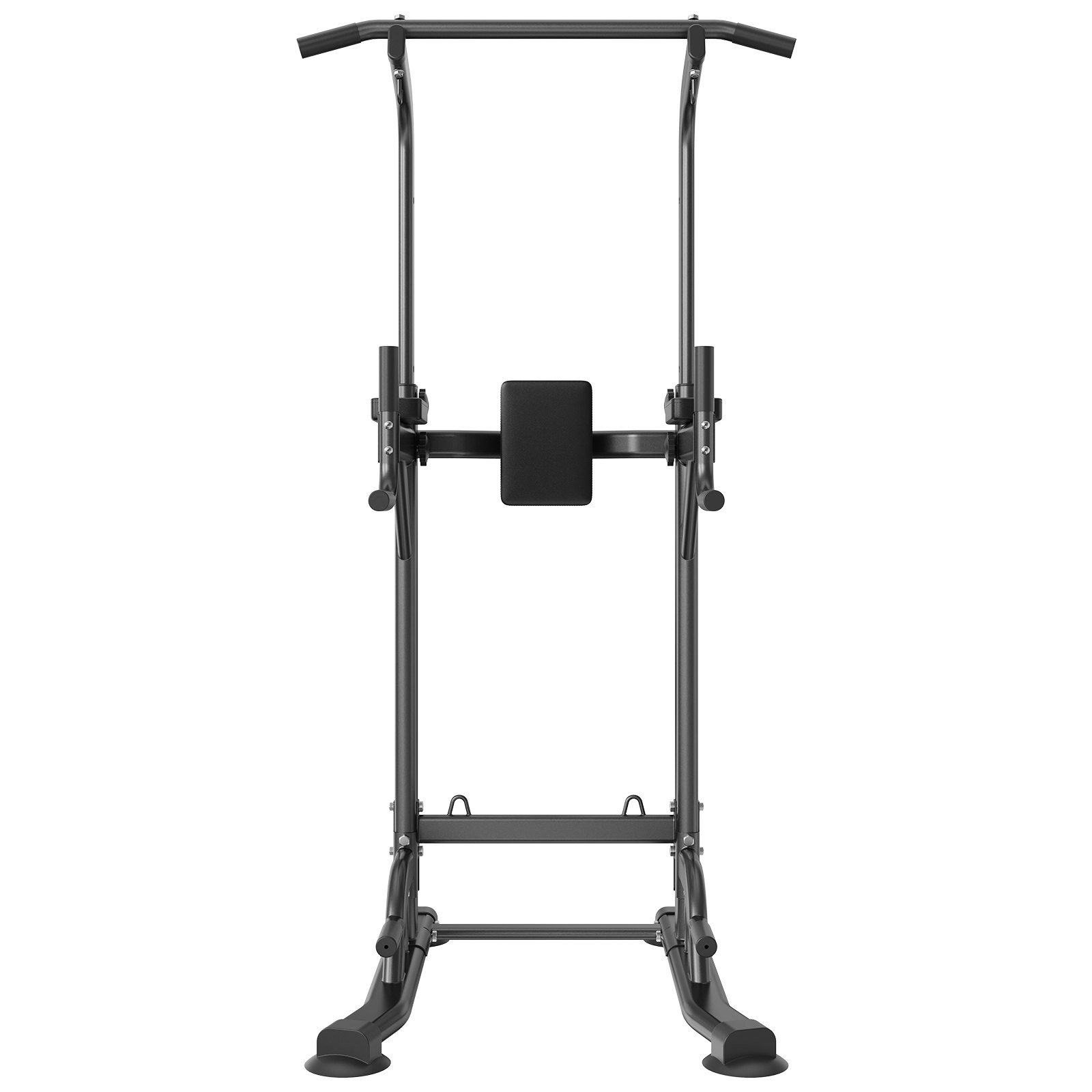 VEVOR power tower in black for home gym workouts, featuring a sturdy pull-up bar and cushioned backrest.