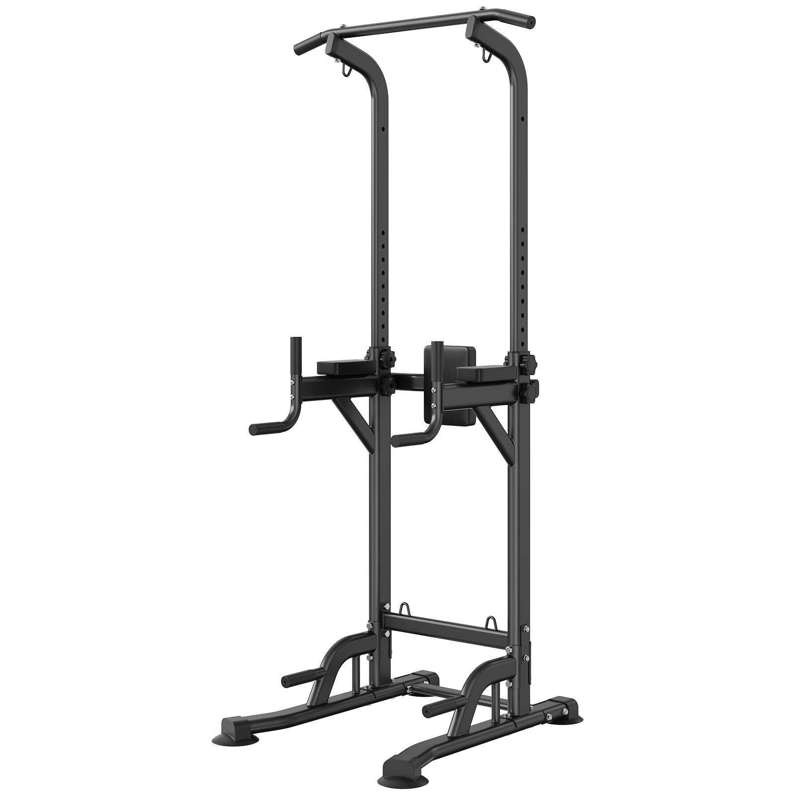 VEVOR power tower fitness equipment with padded armrests, pull-up bar, and dip handles.