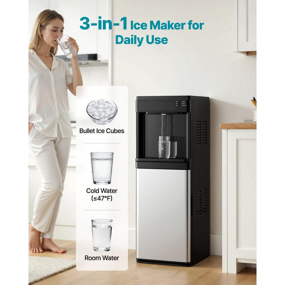 VEVOR Water Dispenser with Ice Maker, 3-in-1 Floor-Standing Water Dispenser, 33 LBS/24H, 9 Cubes/7 Min Fast Ice Making with 1.3 LBS Storage, Bullet Ice-Cubes & Cold-Water, for Home, Kitchen, Party