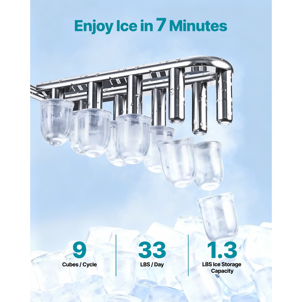 VEVOR Water Dispenser with Ice Maker, 3-in-1 Floor-Standing Water Dispenser, 33 LBS/24H, 9 Cubes/7 Min Fast Ice Making with 1.3 LBS Storage, Bullet Ice-Cubes & Cold-Water, for Home, Kitchen, Party