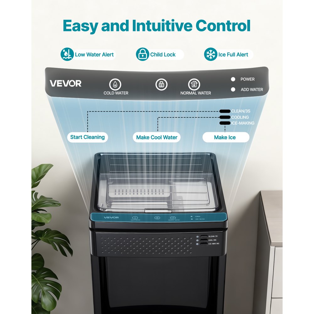 VEVOR Water Dispenser with Ice Maker, 3-in-1 Floor-Standing Water Dispenser, 33 LBS/24H, 9 Cubes/7 Min Fast Ice Making with 1.3 LBS Storage, Bullet Ice-Cubes & Cold-Water, for Home, Kitchen, Party