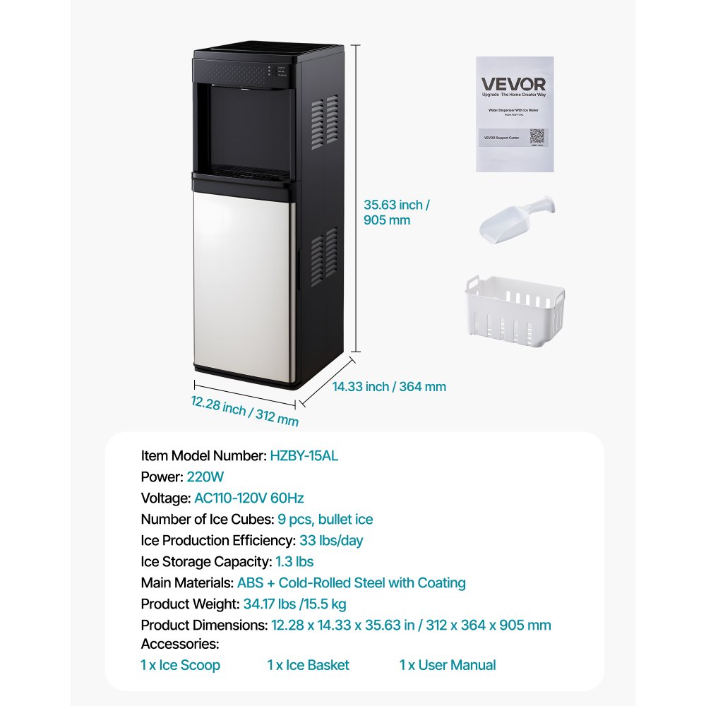 VEVOR Water Dispenser with Ice Maker, 3-in-1 Floor-Standing Water Dispenser, 33 LBS/24H, 9 Cubes/7 Min Fast Ice Making with 1.3 LBS Storage, Bullet Ice-Cubes & Cold-Water, for Home, Kitchen, Party