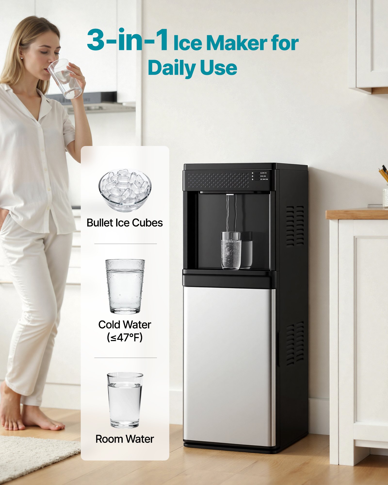 VEVOR Water Dispenser with Ice Maker, 3-in-1 Floor-Standing Water Dispenser, 33 LBS/24H, 9 Cubes/7 Min Fast Ice Making with 1.3 LBS Storage, Bullet Ice-Cubes & Cold-Water, for Home, Kitchen, Party