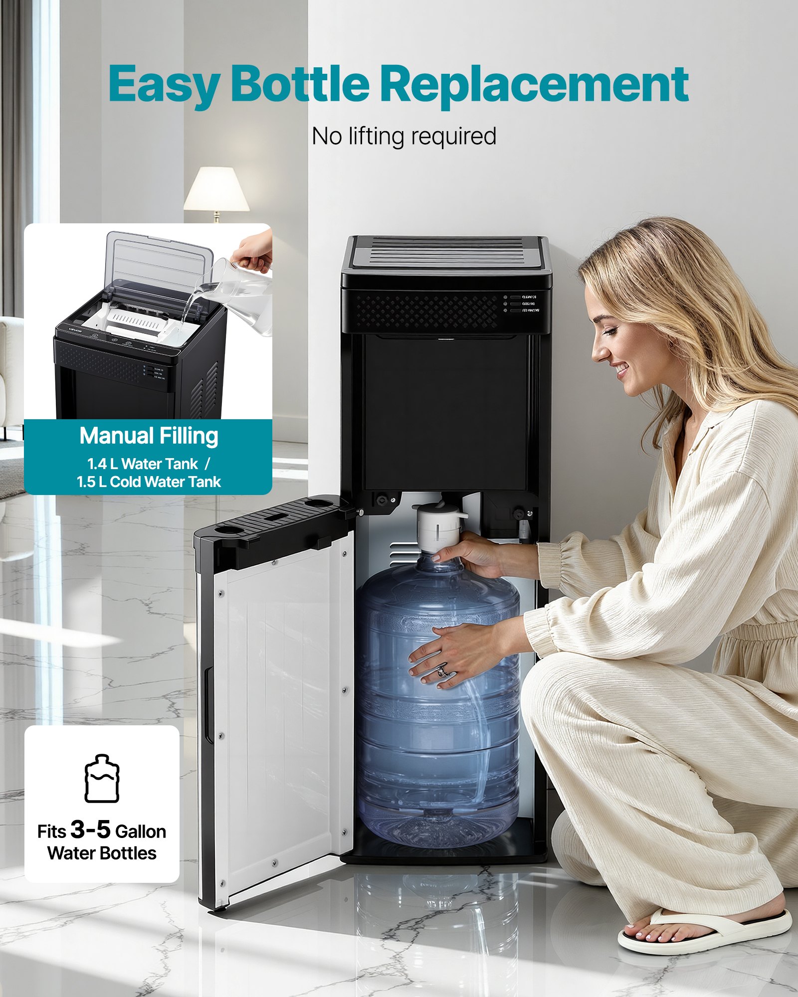 VEVOR Water Dispenser with Ice Maker, 3-in-1 Floor-Standing Water Dispenser, 33 LBS/24H, 9 Cubes/7 Min Fast Ice Making with 1.3 LBS Storage, Bullet Ice-Cubes & Cold-Water, for Home, Kitchen, Party