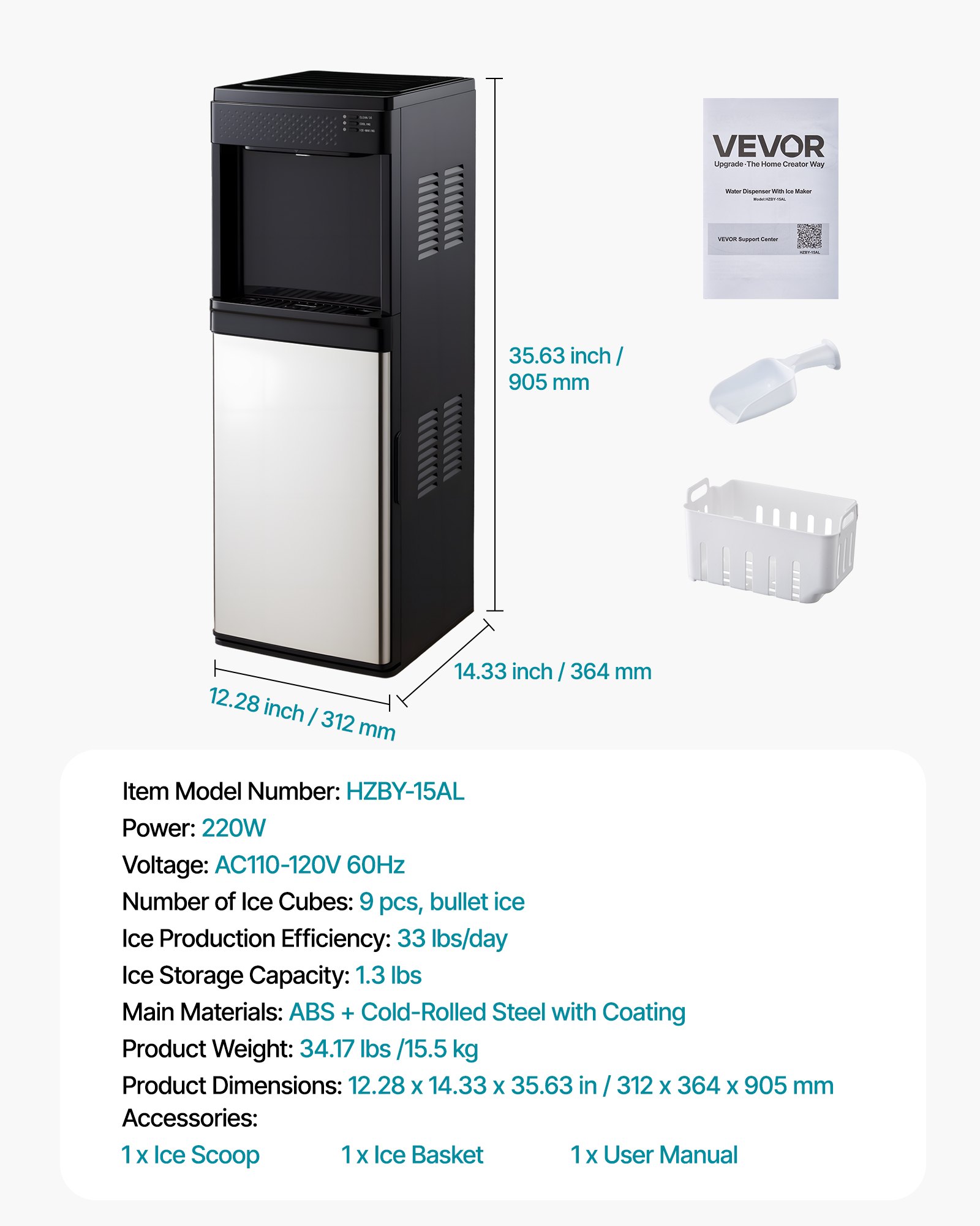 VEVOR Water Dispenser with Ice Maker, 3-in-1 Floor-Standing Water Dispenser, 33 LBS/24H, 9 Cubes/7 Min Fast Ice Making with 1.3 LBS Storage, Bullet Ice-Cubes & Cold-Water, for Home, Kitchen, Party