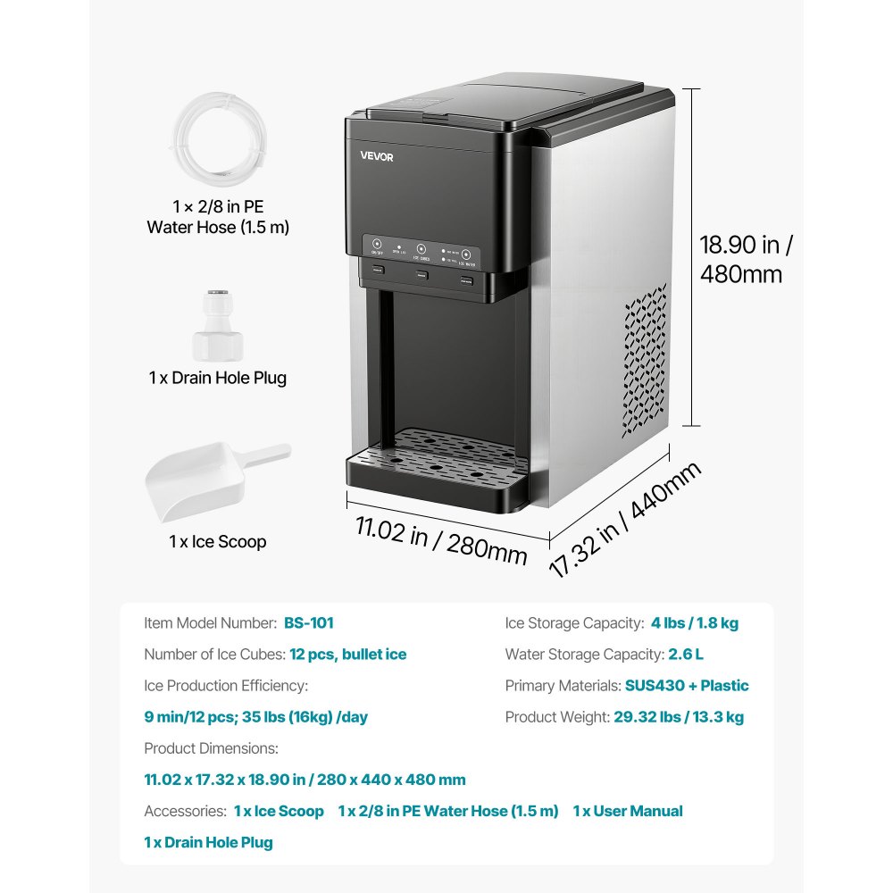 VEVOR Water Dispenser with Ice Maker, 3-in-1 Countertop Water Dispenser, 16 KG/24H, 12 Cubes/7 Min Fast Ice Making with 1.8 KG Storage, Bullet/Crushed Ices & Cold-Water, for Home, Kitchen, Party