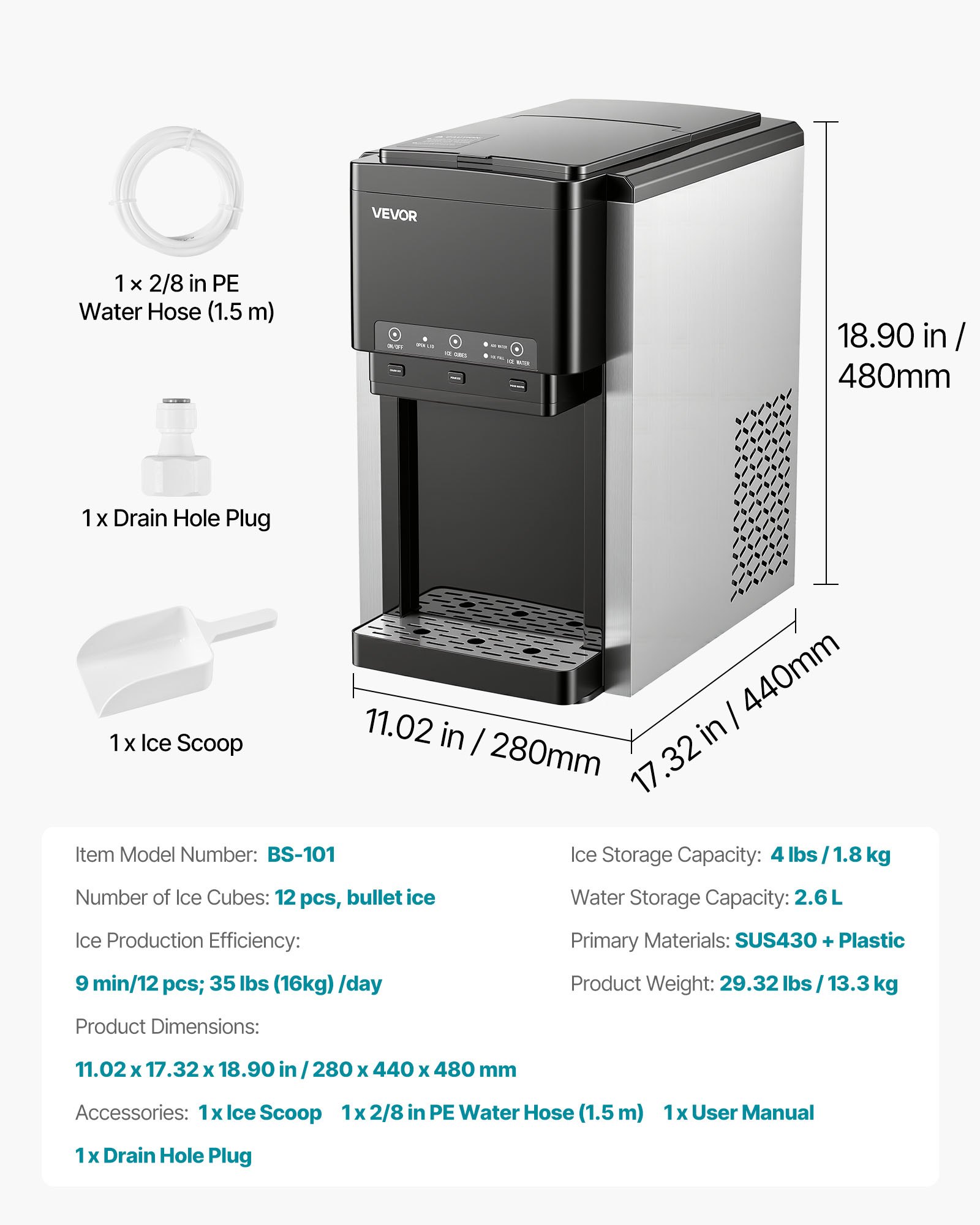 VEVOR Water Dispenser with Ice Maker, 3-in-1 Countertop Water Dispenser, 16 KG/24H, 12 Cubes/7 Min Fast Ice Making with 1.8 KG Storage, Bullet/Crushed Ices & Cold-Water, for Home, Kitchen, Party
