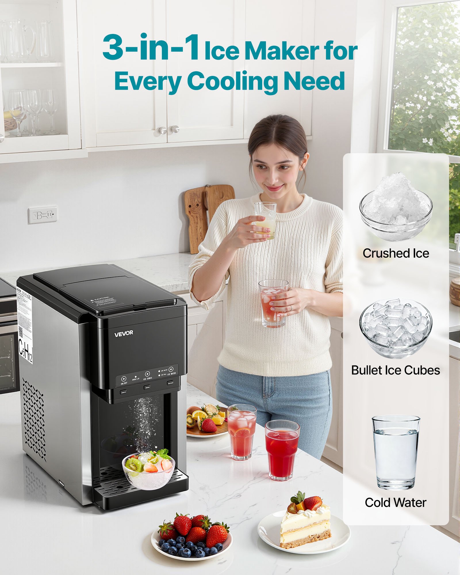 VEVOR Water Dispenser with Ice Maker, 3-in-1 Countertop Water Dispenser, 16 KG/24H, 12 Cubes/7 Min Fast Ice Making with 1.8 KG Storage, Bullet/Crushed Ices & Cold-Water, for Home, Kitchen, Party