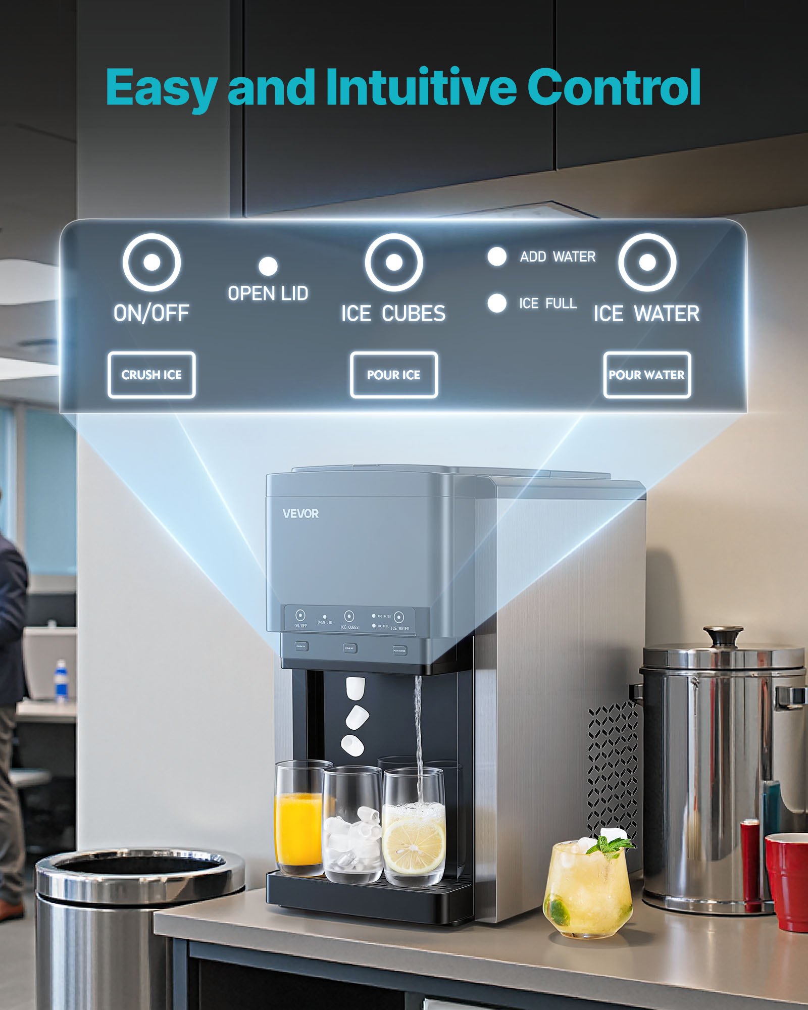 VEVOR Water Dispenser with Ice Maker, 3-in-1 Countertop Water Dispenser, 16 KG/24H, 12 Cubes/7 Min Fast Ice Making with 1.8 KG Storage, Bullet/Crushed Ices & Cold-Water, for Home, Kitchen, Party