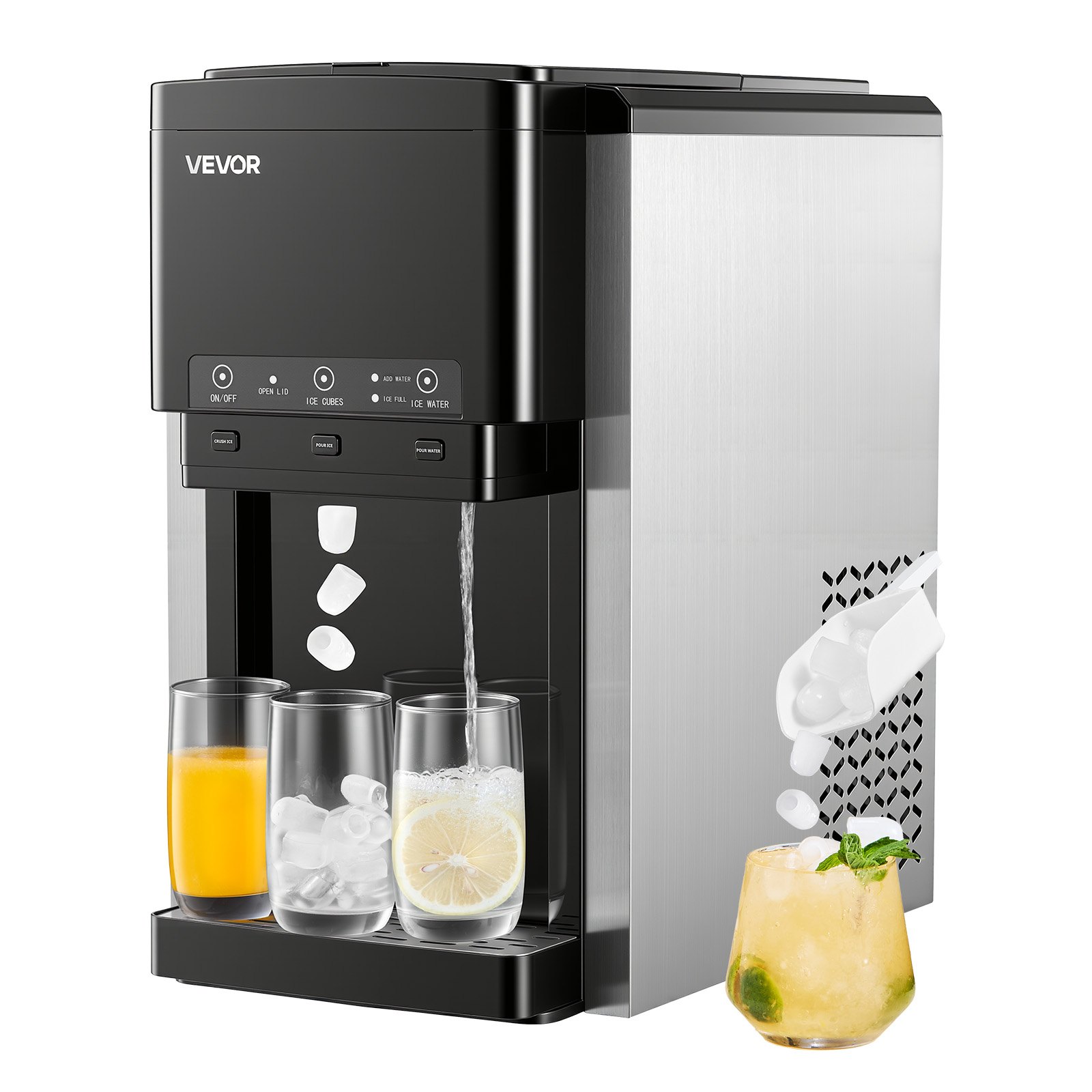 VEVOR Water Dispenser with Ice Maker, 3-in-1 Countertop Water Dispenser, 16 KG/24H, 12 Cubes/7 Min Fast Ice Making with 1.8 KG Storage, Bullet/Crushed Ices & Cold-Water, for Home, Kitchen, Party