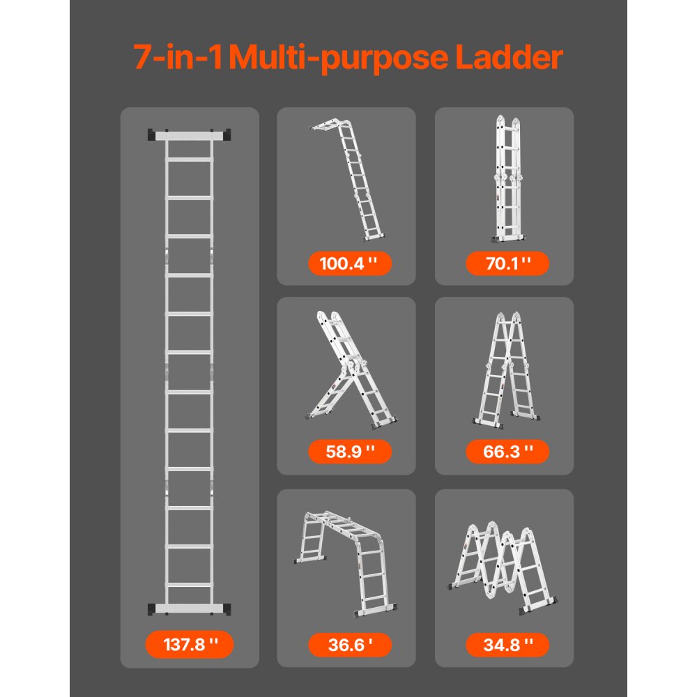 VEVOR Multi-Purpose Folding Ladder, 7-in-1 Tall Step Ladder, A Frame 3 Step Adjustable Telescoping Ladder, 12ft Reach Height Heavy Duty Extension Ladder, 330 lbs Capacity for Household Outdoor Work