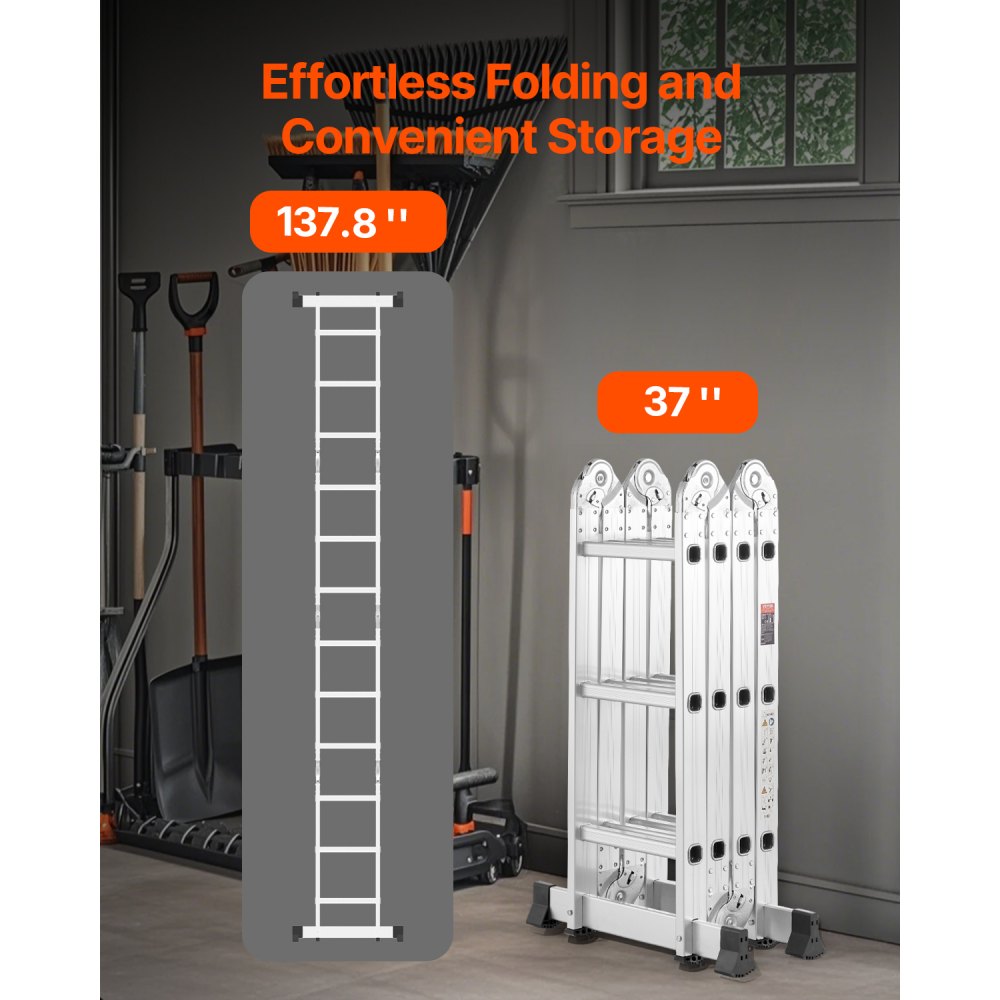 VEVOR Multi-Purpose Folding Ladder, 7-in-1 Tall Step Ladder, A Frame 3 Step Adjustable Telescoping Ladder, 12ft Reach Height Heavy Duty Extension Ladder, 330 lbs Capacity for Household Outdoor Work