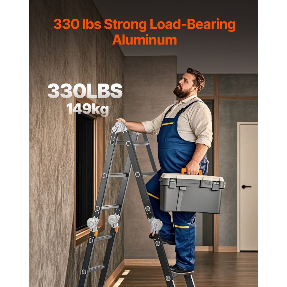 VEVOR Multi-Purpose Folding Ladder, 7-in-1 Tall Extension Step Ladder, A Frame 3 Step with Scaffolding Plank Telescoping Ladder, 12ft Reach Height Heavy Duty Ladder, 330 lbs Capacity for Home Outdoor