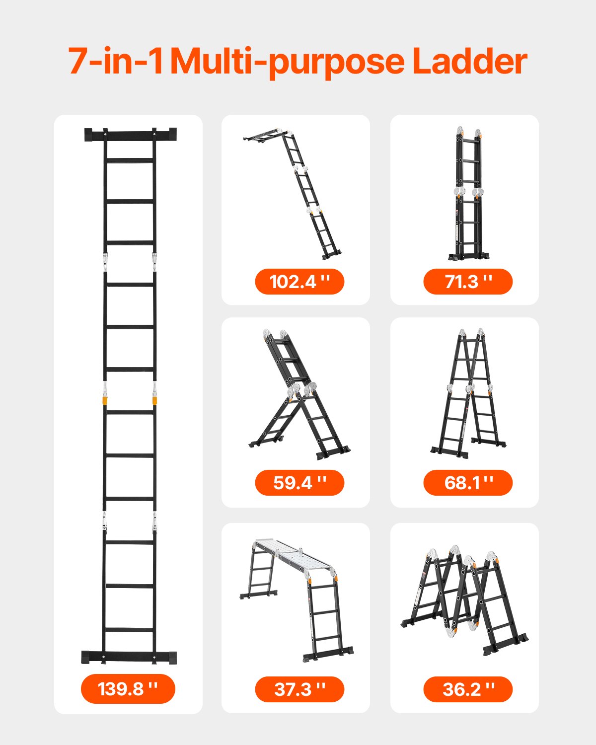 VEVOR Multi-Purpose Folding Ladder, 7-in-1 Tall Extension Step Ladder, A Frame 3 Step with Scaffolding Plank Telescoping Ladder, 12ft Reach Height Heavy Duty Ladder, 330 lbs Capacity for Home Outdoor